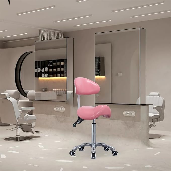 Antlu Saddle Stool Rolling Chair with Back Support,Esthetician Tattoo Dental Lash Chairs for Eyelash Tech Massage Salon(Pink,with Backrest)