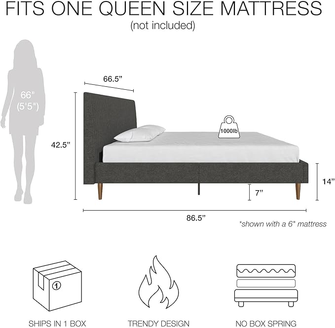 Mr. Kate Daphne Upholstered Queen Bed Frame with Headboard, Modern Platform Queen Bed Frame, Dark Gray Linen
