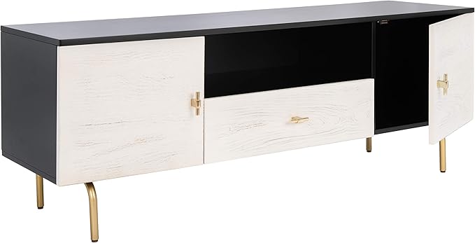 SAFAVIEH Genevieve TV Stand for up to 65" Flatscreen – Black & White Washed Finish, Mid-Century Modern Storage Cabinet, Entertainment Media Console (MED5000B)