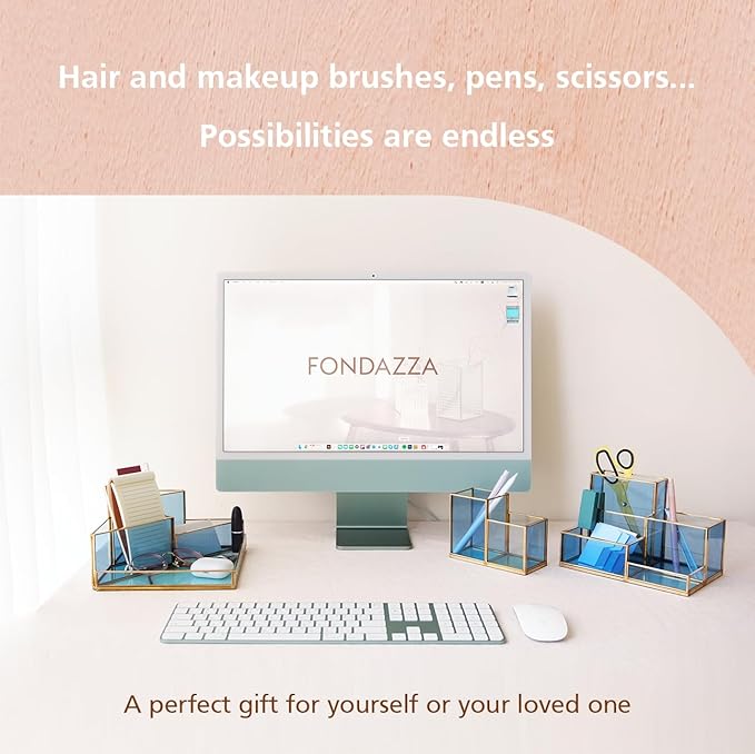 Gold & Blue Glass Desk Organizer - Elegant Office Decor, Aesthetic Makeup Brush Holder, 2-Compartment Pen Holder, Pencil Cup, Vanity & Cosmetic Storage, Desk Accessories for Women