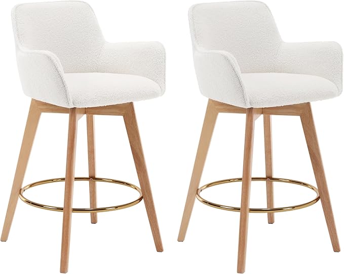Counter Height Swivel Bar Stools, Boucle Upholstered Bar Stools with Back, Arms, Solid Wooden Legs, 26 Inch Chairs for Kitchen Island, Home Pub, Cafe, 2 Pcs, White