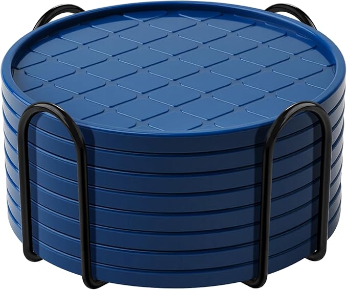 Coasters Set of 8,Hot or Cold Drink Coasters with Holder,Modern Style Coffee Table Coaster,Suitable for Kinds Cups Beer,Drink,Anti-Overflow Tabletop Protection (Navy Blue, 8pcs)