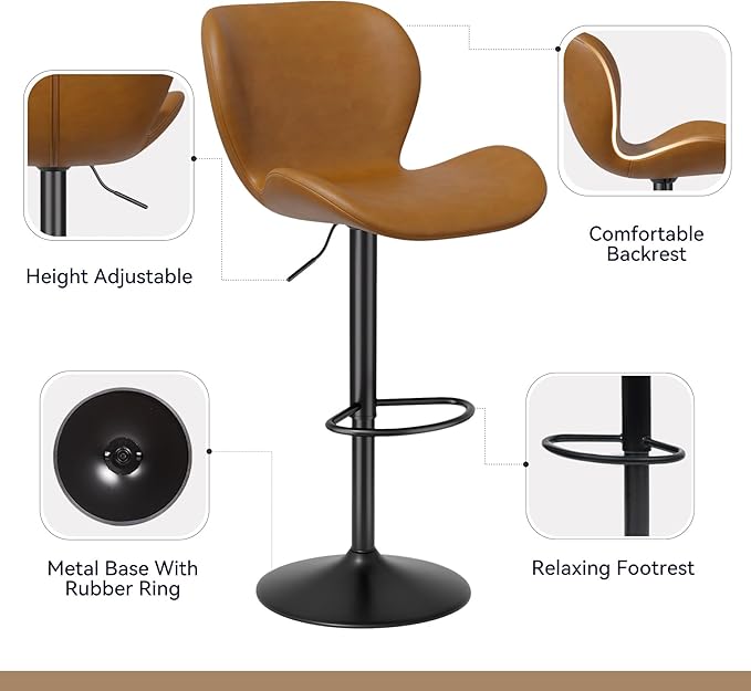 Nalupatio Swivel Bar Stools Set of 4,PU Leather Upholstered Barstools with Back & Footrest, Seat Adjustable Height 22.2-31IN Counter Height Bar Chairs for Bar Kitchen Island,Whiskey Brown
