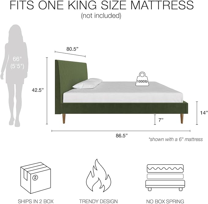 Mr. Kate Daphne Upholstered Bed with Vertical Channel Tufted Headboard, King, Olive Green Velvet