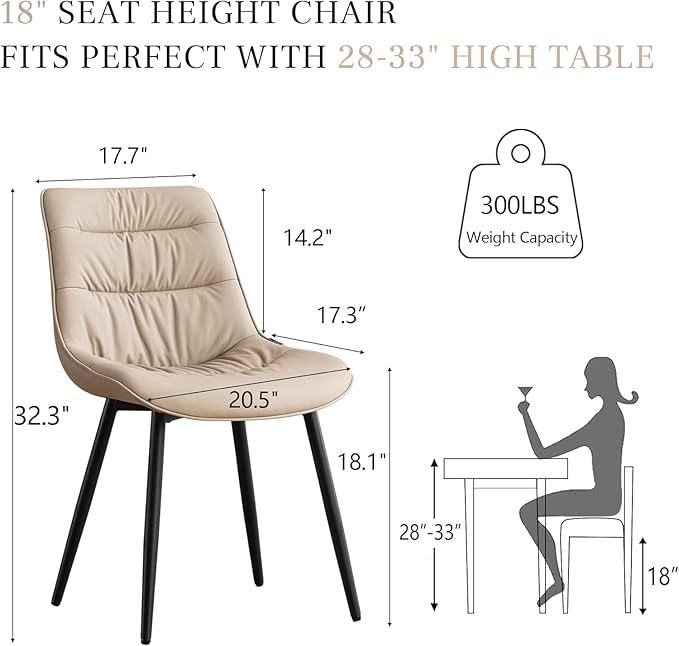 Kidol & Shellder Dining Chairs Set of 2, Modern Upholstered Faux Leather Kitchen Side Chairs with Comfortable Back - Mid-Century Armless Chair for Dining Living Room Bedrooms, with Metal Legs (Khaki)