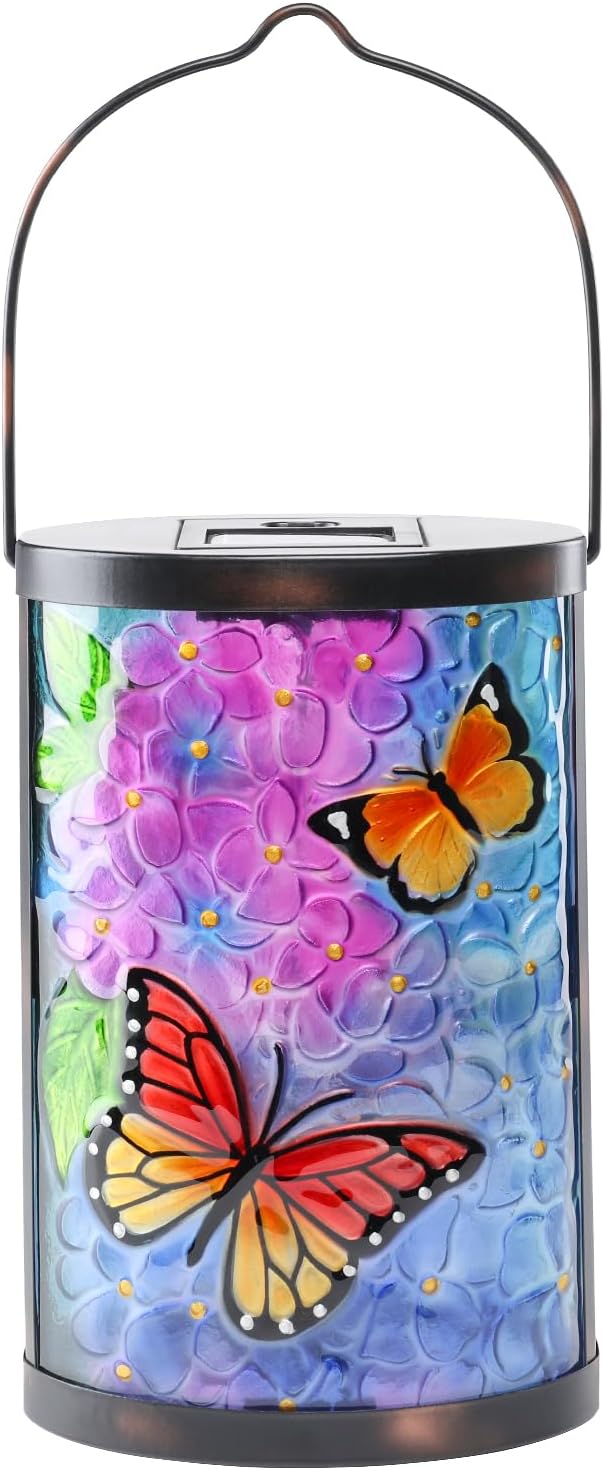 Afirst Solar Lantern Outdoor Hanging Glass Butterfly Solar Lights Waterproof Led Lamp for Garden Yard Tree Desk Decor