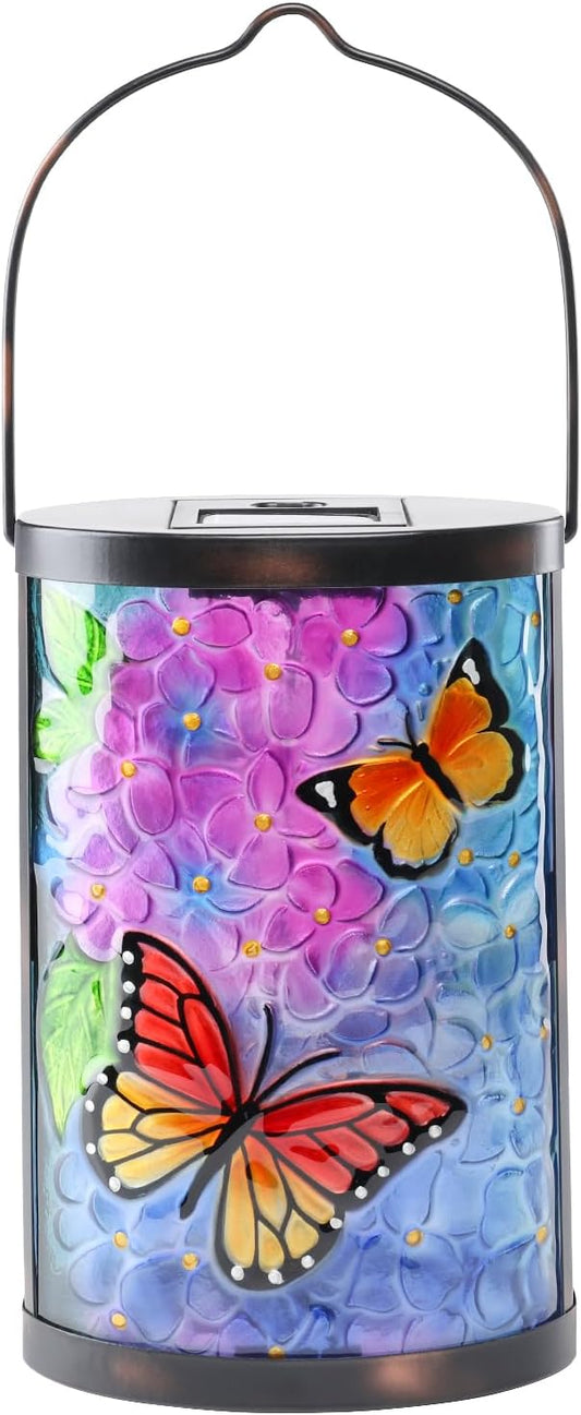 Afirst Solar Lantern Outdoor Hanging Glass Butterfly Solar Lights Waterproof Led Lamp for Garden Yard Tree Desk Decor