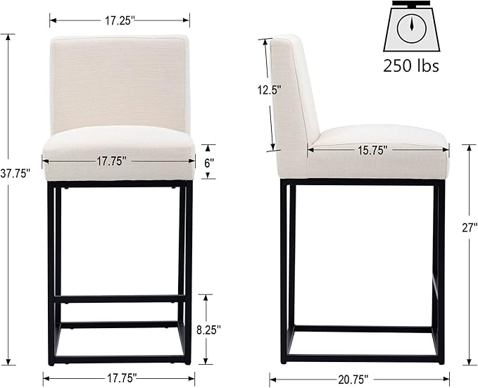 VESCASA Linen 27 inches Counter Height Bar Stools with Padded Back, Modern Upholstered Counter Stool Chairs with Black Metal Frame for Kitchen Island, Set of 4, Cream