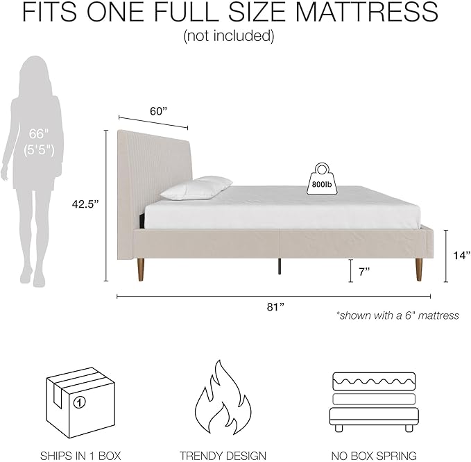 Mr. Kate Daphne Upholstered Bed with Vertical Channel Tufted Headboard, Full, Ivory Velvet