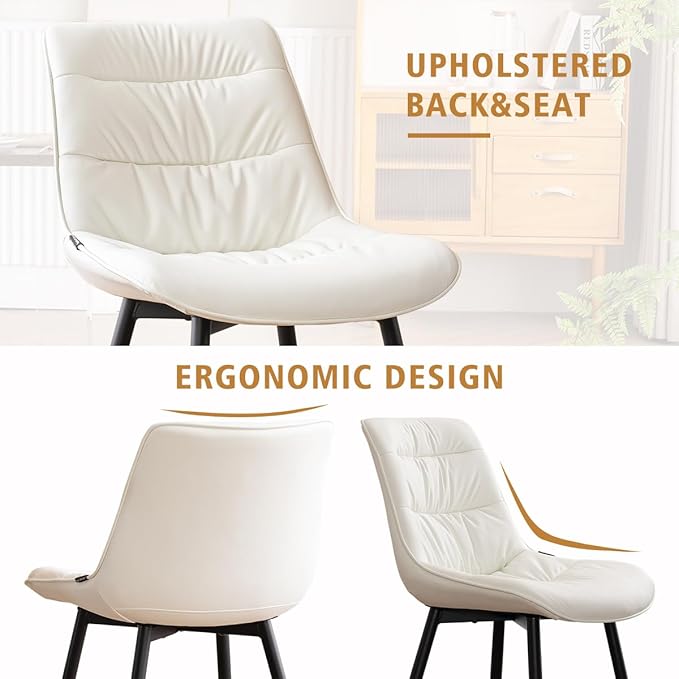 Kidol & Shellder Dining Chairs Set of 2, Modern Upholstered Faux Leather Kitchen Side Chairs with Comfortable Back - Mid-Century Armless Chair for Dining Living Room Bedrooms, with Metal Legs (White)