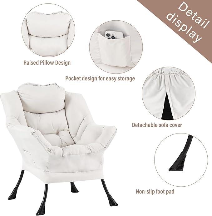 Welnow Lazy Chair with Ottoman, Modern Reading Lounge Accent Chair with Armrests and a Side Pocket, Leisure Upholstered Lazy Sofa Set with Footrest for Small Space, Beige