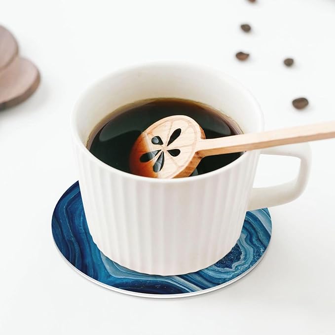 Agate Marble Blue Coasters Set of 6 Coasters for Drinks Absorbent Double-Sided Leather PVC Coaster for Tabletop Protection Coffee Table Decor Ideal for Home Decor House Warming Gifts