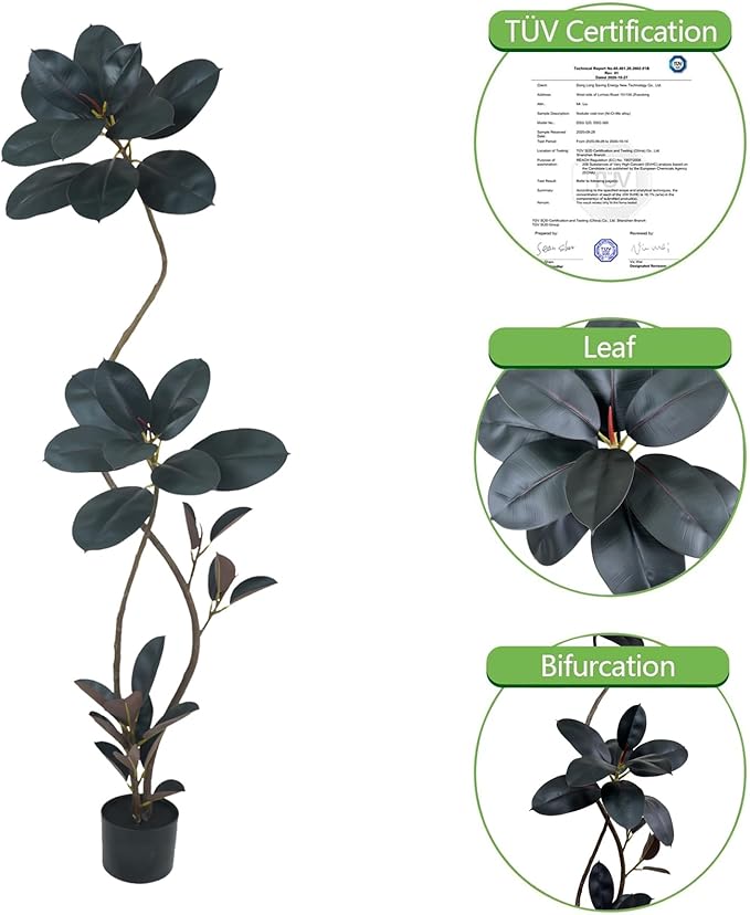Artificial Rubber Tree Plant, 78 Inch Indoor Tree, Green with Round Planter, All Season Home Decor (Black,6.5ft)