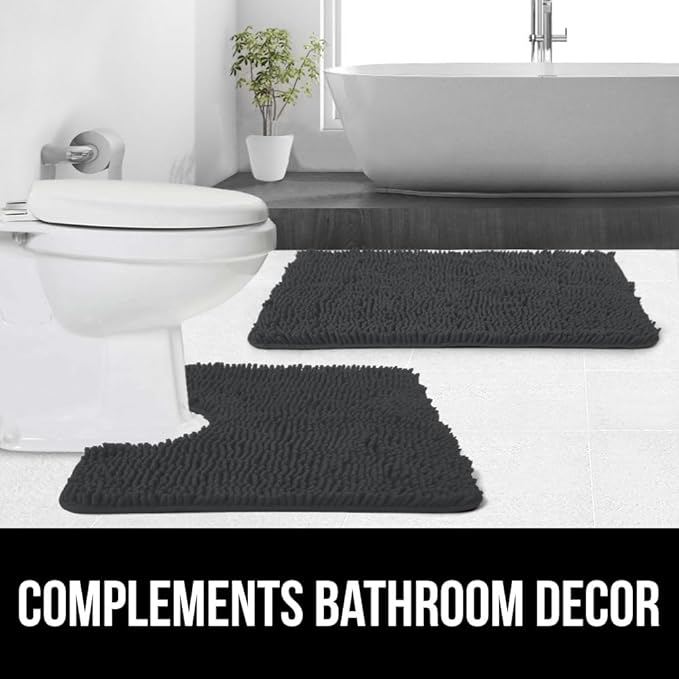 GORILLA GRIP Plush Absorbent Shaggy Chenille Bath Rug Mat for Square Toilet Base with Rubber Backing, Machine Washable Rugs, Soft Microfiber Contour Mats for Toilets, Bathroom Decor, Charcoal