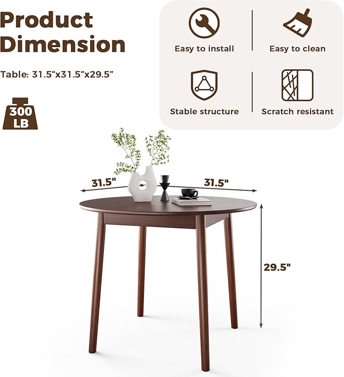 DELAVIN 31.5" Solid Wood Round Dining Table for 4, Farmhouse Small Kitchen Table for 2-4, Modern Office Table for Home Kitchen Apartment, Easy Assembly, Space Saving, Walnut