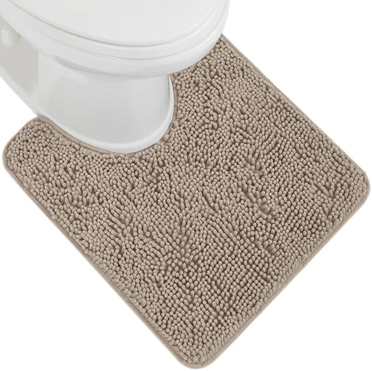 GORILLA GRIP Plush Absorbent Shaggy Chenille Bath Rug Mat for Oval Toilet Base with Rubber Backing, Machine Washable Rugs, Soft Microfiber Contour Mats for Toilets, Bathroom Decor, Gray Beige