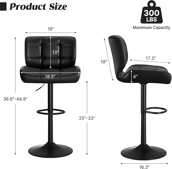 Modern Bar Stools Set of 4, Faux Leather Upholstered Swivel Bar Stools, Adjustable Counter Height Bar Chairs with High Back and Footrest for Kitchen Island (Black)