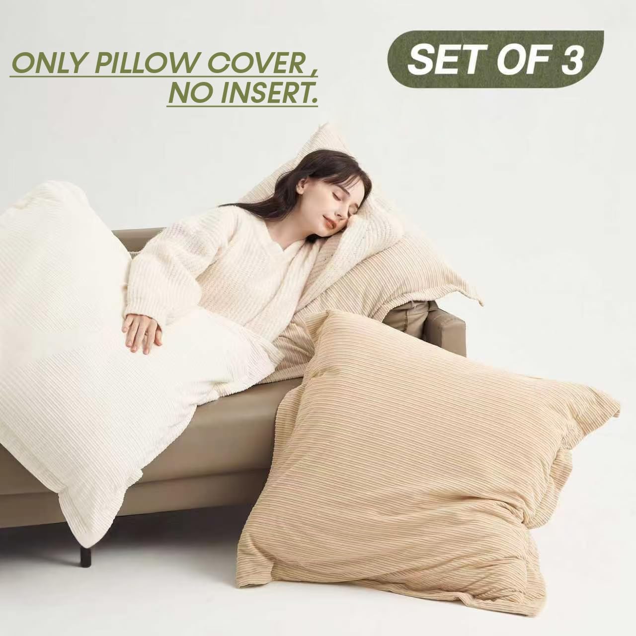 Set of 3 Oversized Throw Pillow Cover 26x26inch,Super Soft Striped Corduroy Neutral Earth Tones Pillow Cases for Bedroom,Living Room, Sofa Lounges,Girl Room（Camel, Beige & Pure White）