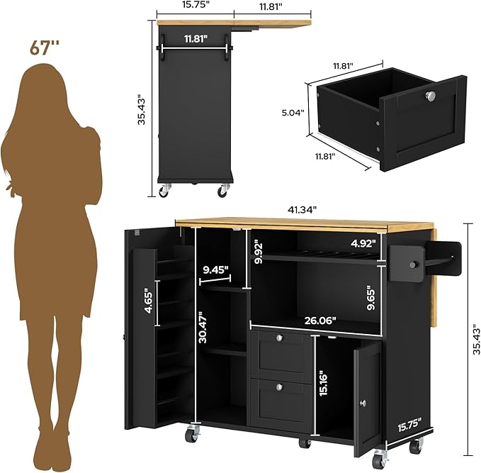 Rolling Kitchen Island with Storage Cabinet, 41.3'' Width Kitchen Cart with Desktop Drop Leaf Countertop, Portable Mobile Kitchen Island with Towel Rack, Spice Rack Shelf and Lockable Wheels, Black