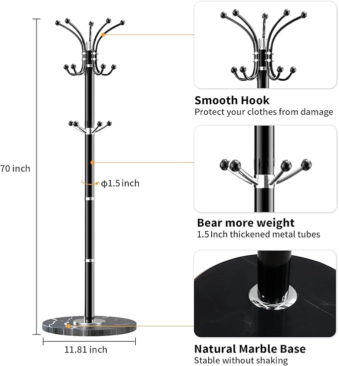 Metal Coat Rack Stand with Natural Marble Base, Modern Coat Rack Freestanding, 360°Rotary Coat Racks with 14 Hooks, Heavy Duty Coat Hall Tree Hanger Stand for Entryway, Office
