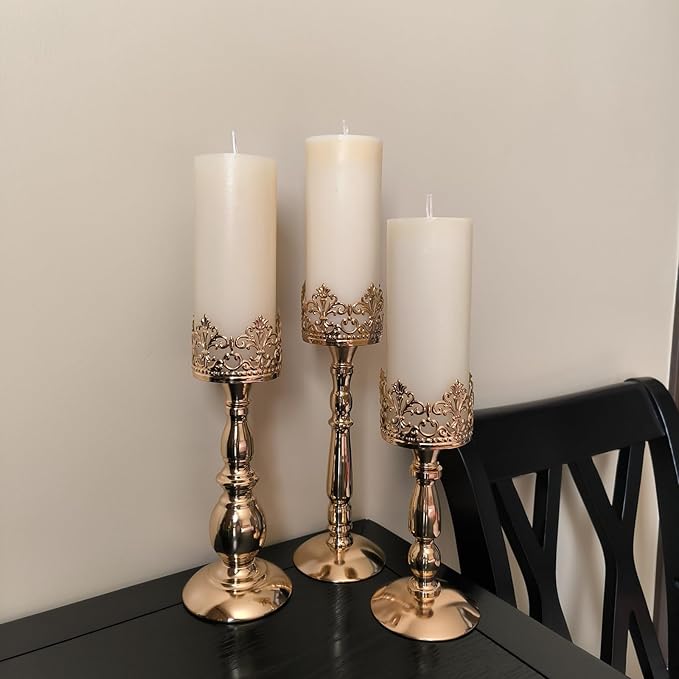 Candle Holders for Pillar Candles Set of 3 Gold Vintage Tall Candle Holders Decorative Large Table Centerpieces Candle Stand Decor