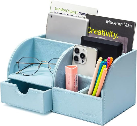UnionBasic Desk Organizer - Multifunctional Leather Desktop Pen Holder Storage Box - Business Card/Pen/Pencil/Mobile Phone/Stationery Holder, Lychee Blue Revised