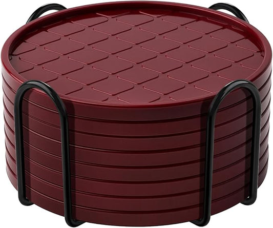 Coasters Set of 8,Hot or Cold Drink Coasters with Holder,Modern Style Coffee Table Coaster,Suitable for Kinds Cups Beer,Drink,Anti-Overflow Tabletop Protection(Wine red, 8pcs)