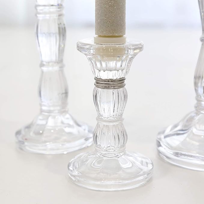 3Pack Glass Candle Stick Holders - Clear Crystal Taper Candles Holder– Table Centerpieces for Buring Candles, Led Taper Candle,Party and Wedding Decoration(4,6,8inches Tall)