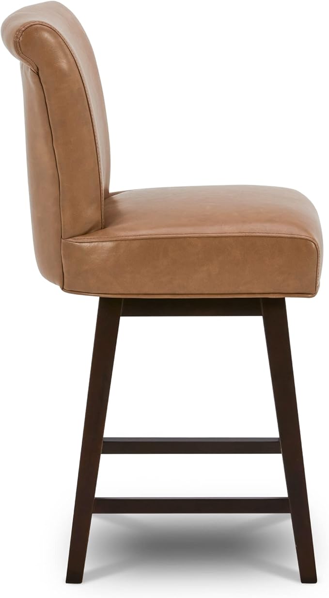 CHITA 26 Inch Counter Height Swivel Bar Stools Set of 2, FSC Certified Modern Upholstered Faux Leather Swivel Barstool Chair with Back, Saddle Brown