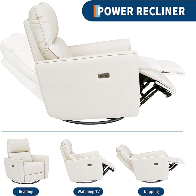 GarveeHome Recliner Chair, 360° Swivel Rocker Glider Nursery Chair with Padded Armrest and Deep Seat, PU Leather Upholstered Reclining Sofa Chair for Living Room, Bedroom and Nursery (Light White)