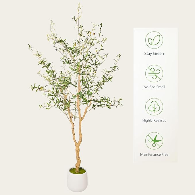 Phimos Artificial Olive Tree with Planter Pot Large Faux Olive Branches and Fruits Artificial Tree for Modern Home Office Living Room Floor Decor Indoor (7.2FT)