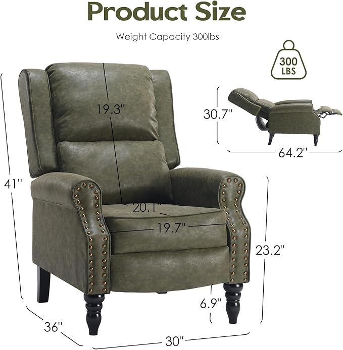 Leather Recliner Chair, Pushback Recliner Chair with Adjustable Backrest Footrest, Mid Modern Reclining Chair with Overstuffed Arms Lumbar Support for Reading, Living Room, Green