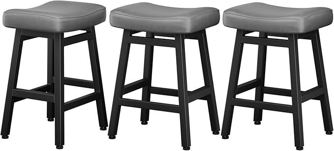 Counter Height Bar Stools Set of 3, 24 Inch Barstools for Kitchen Counter, Kitchen Stools with Bonded Leather Saddle Seats & Heavy Duty Metal Legs, Easy Assembly, Gray/Black