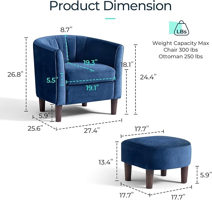 LINSY Accent Chair with Ottoman, Modern Barrel Chair Small Armchair Reading Chair with Footrest, Comfy Round Arms Chair for Living Room Bedroom Reading Room, Velvet, Blue