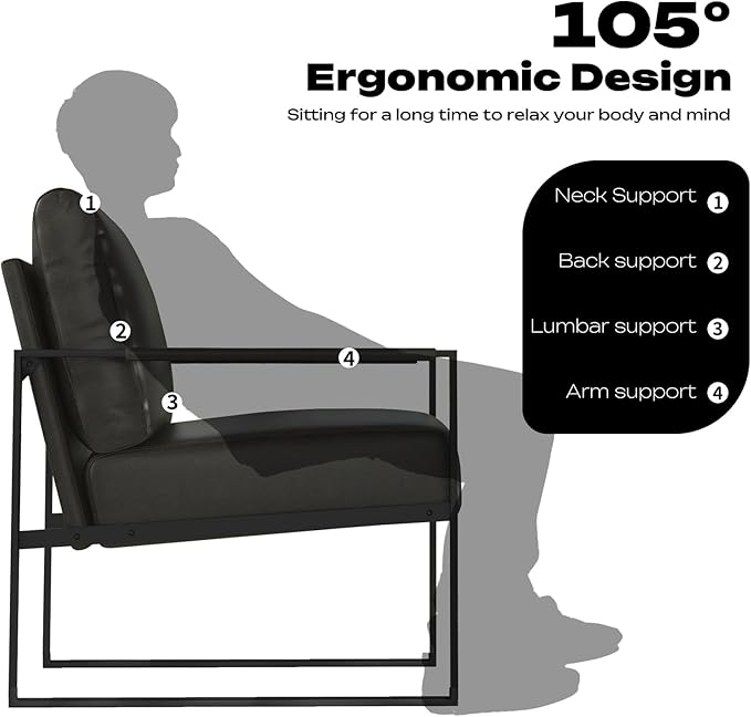 Phoenix Home PU Leather Accent Chair Set of 2, Leisure Metal Framed Armchair with Extra Soft Padded and Cushion, 105 Degree Slant Back, Modern Reading Arm Chair for Living Room/Office/Bedroom, Black