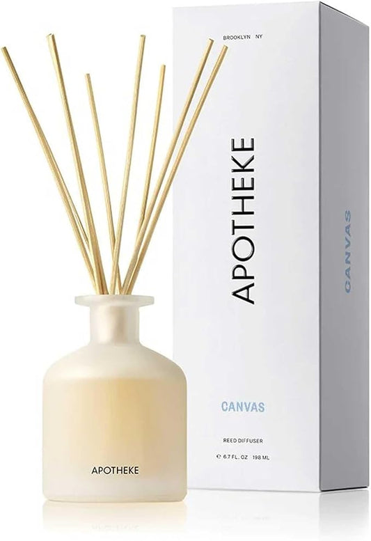 Apotheke Luxury Scented Reed Diffuser for Home, Canvas - 6.7 Fl Oz Essential Oil Aromatherapy - 10 Rattan Scent Sticks Room Diffuser - Long-Lasting Fragrance for Bedroom, Home, Bathroom
