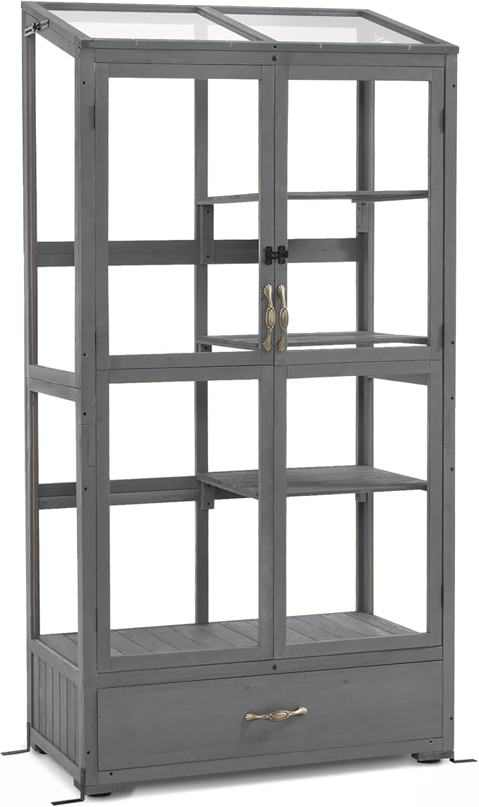 Macrout Cold Frame Greenhouse, Tall Wooden Greenhouse for Outdoor Indoor Use with Polycarbonate Panels, 3 Tier Garden Cold Frame with Drawer and Shelves, 0864 (Dark Grey)