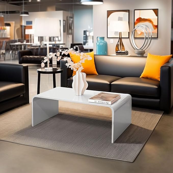 32 Inch Ceramic-Gloss White Waterfall Rectangle Coffee Table,Morden Afternoon Tea Table, Stubborn Stains Resistance,Easy Clean, Middle Size Table(32 * 16 * 16) fit for 2 seat Sofa