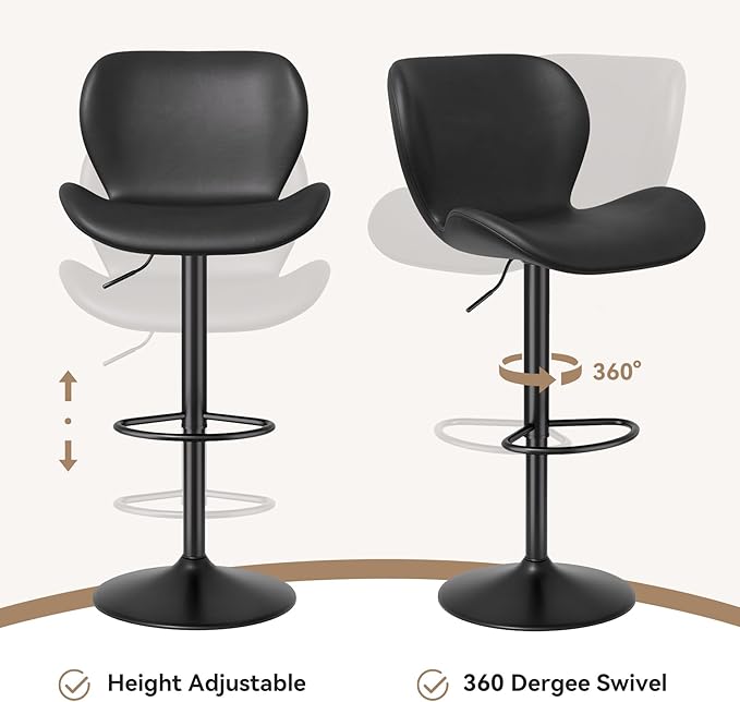 Nalupatio Swivel Bar Stools Set of 2,PU Leather Upholstered Barstools with Back & Footrest, Seat Adjustable Height 22.2-31IN Counter Height Bar Chairs for Bar Kitchen Island,Black