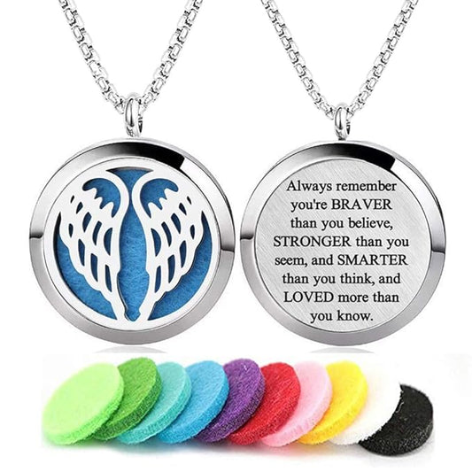 Aromatherapy Essential Oil Diffuser Necklace Stainless Steel lnspirational Locket Pendant(Angel Wings)