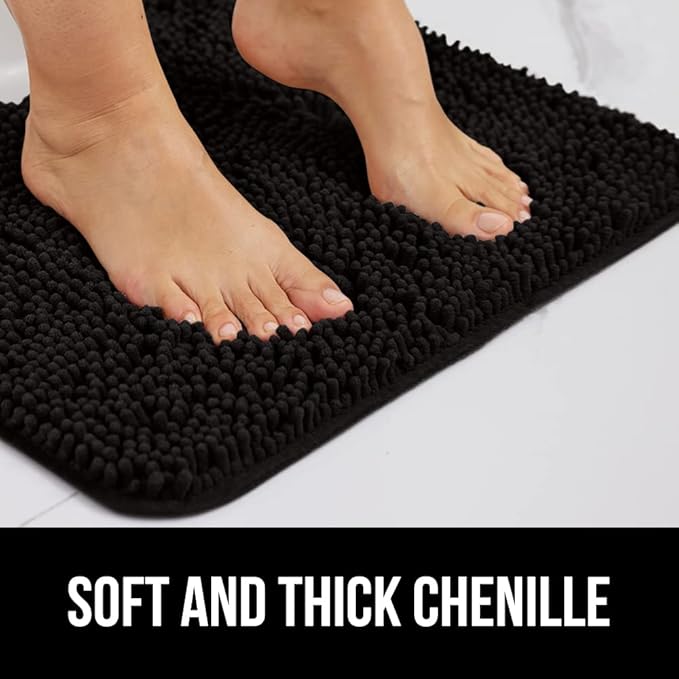 GORILLA GRIP Bath Rug Mat 48x17, Thick Soft Absorbent Chenille, Quick Dry Microfiber Mats, Rubber Backing Washable Shower Floor Rugs, Bathmat Runner, US Designed Bathroom Home Decor Accessories Black
