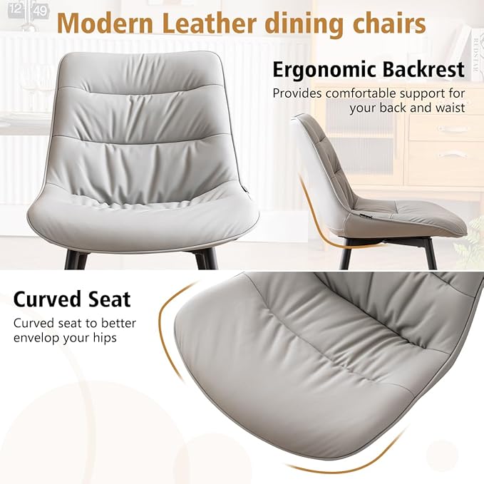 Kidol & Shellder Dining Chairs Set of 2, Modern Upholstered Faux Leather Kitchen Side Chairs with Comfortable Back - Mid-Century Armless Chair for Dining Living Room Bedrooms, with Metal Legs (Gray)
