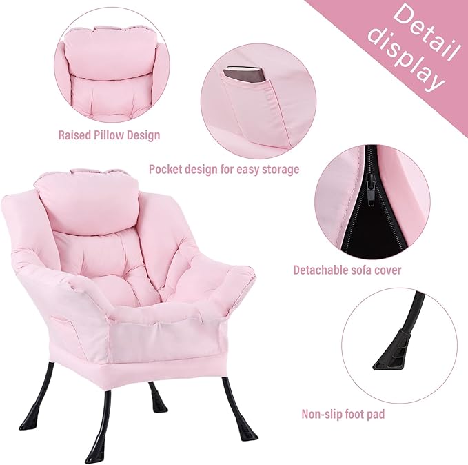 Welnow Lazy Chair for Living Room, Modern Reading Lounge Accent Chair with Armrests and a Side Pocket, Leisure Upholstered Lazy Sofa for Small Space, Bedroom, Dorm, Pink