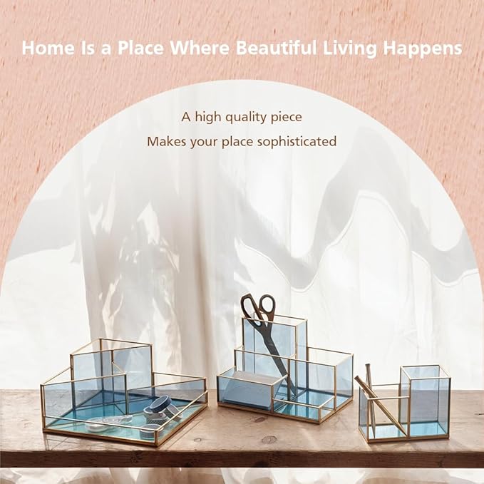 Gold & Blue Glass Desk Organizer - Elegant Office Decor, Aesthetic Makeup Brush Holder, 2-Compartment Pen Holder, Pencil Cup, Vanity & Cosmetic Storage, Desk Accessories for Women