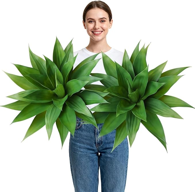Artificial Agave Plant,28in Faux Plants Outdoor Decor,UV Resistant Large Potted Greenery,Realistic Plastic Succulents for Patio Porch Entryways Office Garden,Set of 2