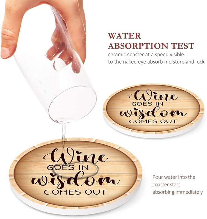 Britimes Coaster for Drinks Set of 6, Wine Stamp Wooden Wood Bottle Absorbent Round Ceramic Stone Mat, with Cork Base and Metal Holder, Gift for Housewarming Room Bar Decor