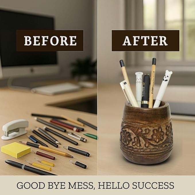 Mie Creations Designer Pencil Holder for Desk Wood | Wooden Pen Stand, Paintbrush Cup, Desk Accessories, Cute Make Up Brush Organizers | Office Desktop Stationery, Mothers Day Gift for Mom- 4'' Brown