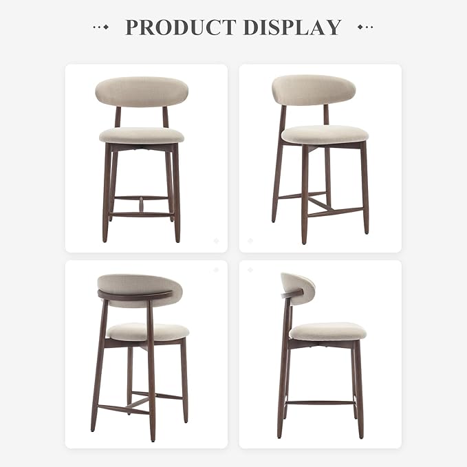 COLAMY Counter Height Bar Stools Set of 2, Kitchen Bar Stools with Back, Mid Century Modern Upholstered, with Wood Legs for Kitchen Island Dining Room, Beige