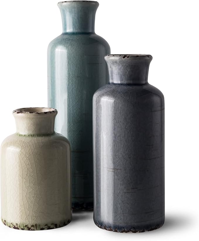 Small Ceramic Vase Set of 3, Wide Mouth Color Vases Bulk Lot for Boho, Flower, Centerpieces, Farmhouse Pampas Grass, Living Room, Bedroom, Home Decor and Dining Table Decoration, Brown