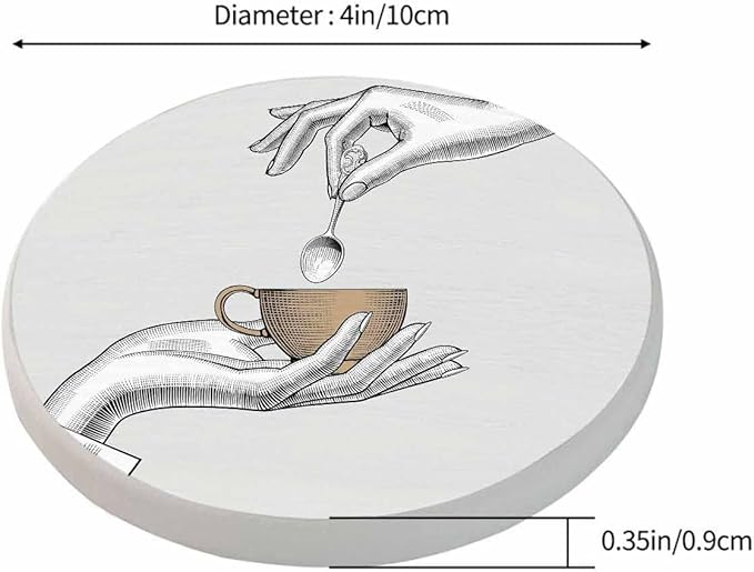 Coffee Cup and Spoon Cup Coasters for Table Vintage Teacup Pair of Hands Stylized Sketch Reusable Drink Coasters Set 2 Pcs Coffee Home Farmhouse Living Room Bar Decor